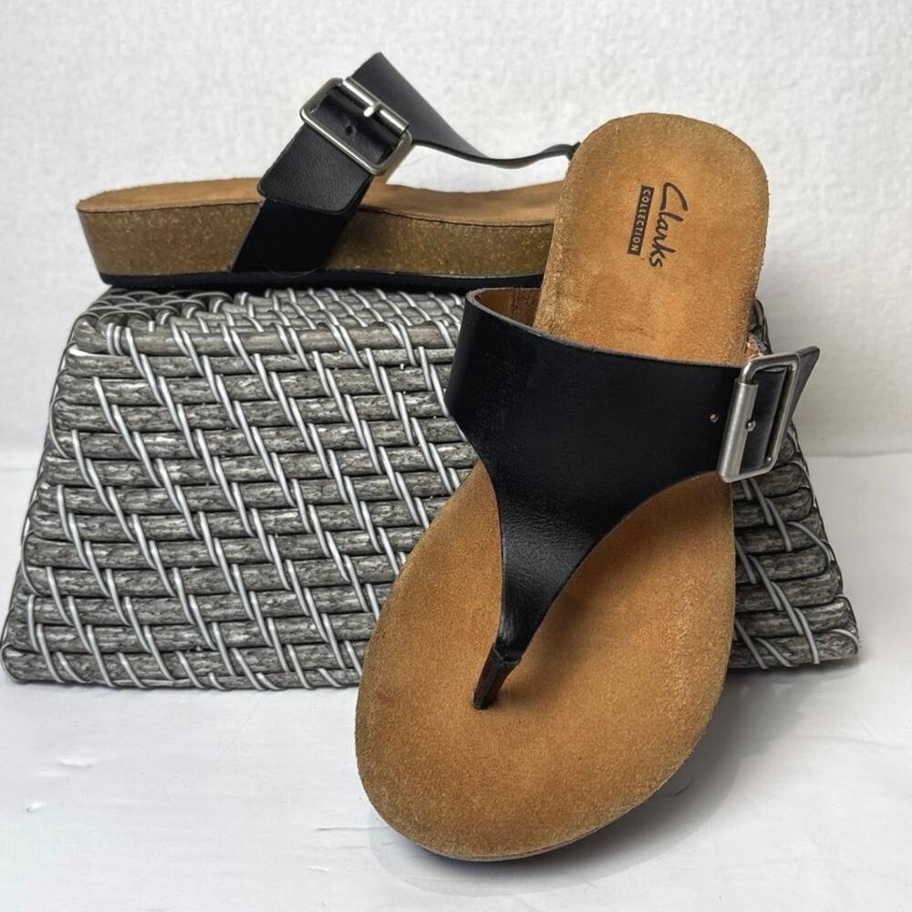 Clarks Women's Black Leather Buckle Slide Sandals Cork Wedge Size 7